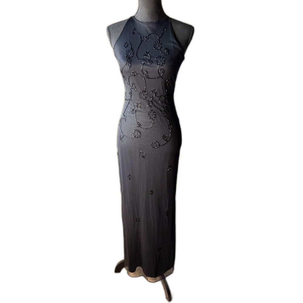 Size 4 y2k vintage Morgan and Co black beaded backless halter dress (10421)